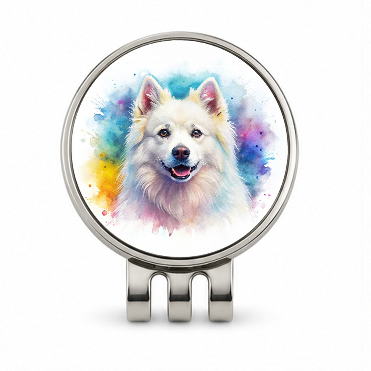 American Eskimo Dog Watercolor Style Golf Hat Clip with Ball Marker