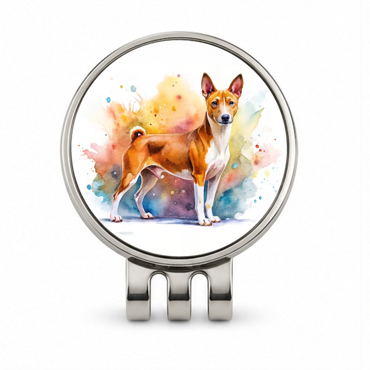 Basenji Dog Watercolor Style Golf Hat Clip with Ball Marker
