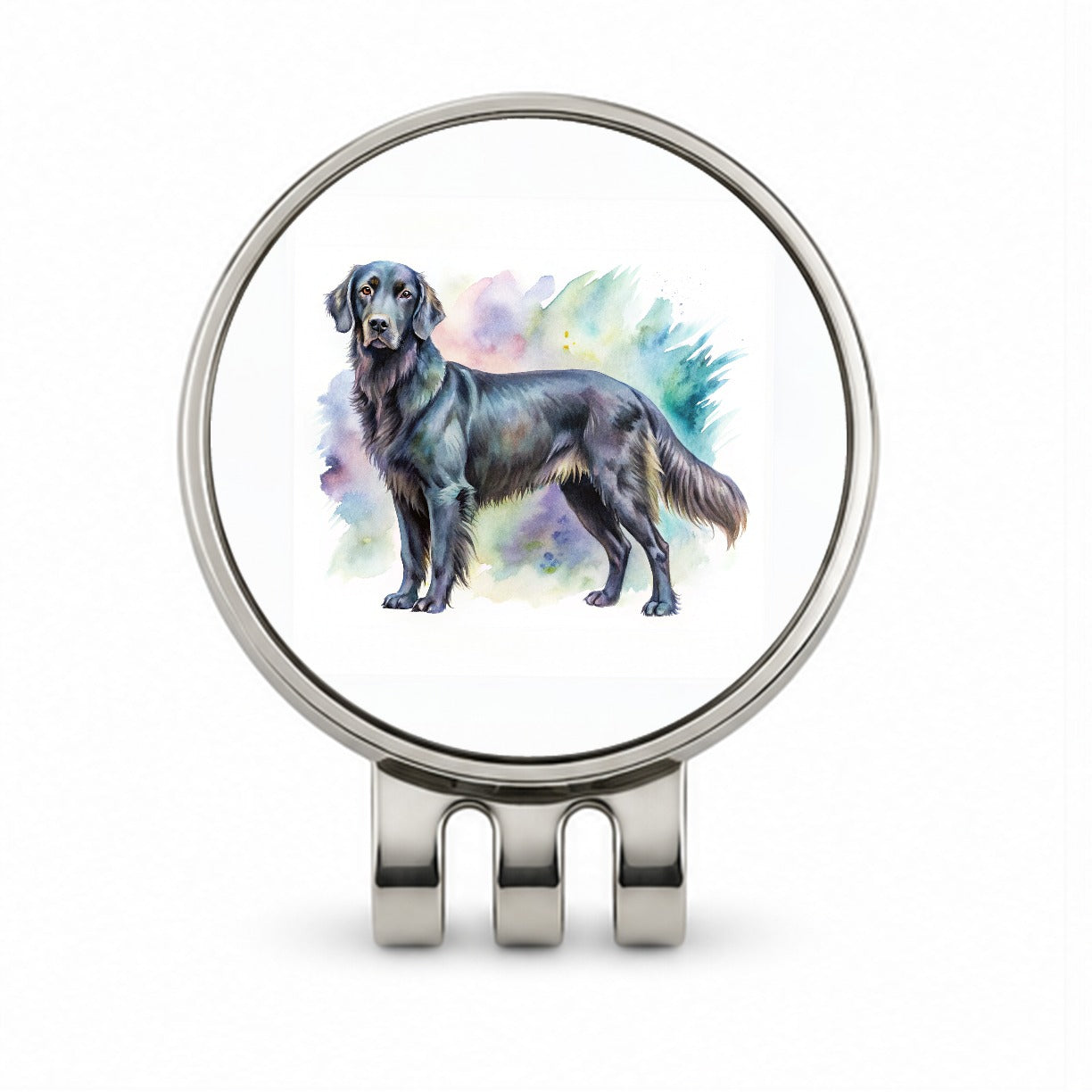 Flat Coated Retriever Dog Watercolor Style Golf Hat Clip with Ball Marker