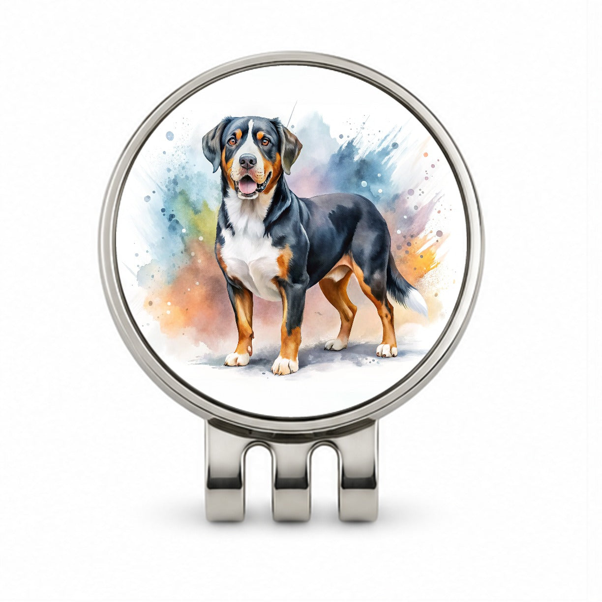 Greater Swiss Mountain Dog Watercolor Style Golf Hat Clip with Ball Marker