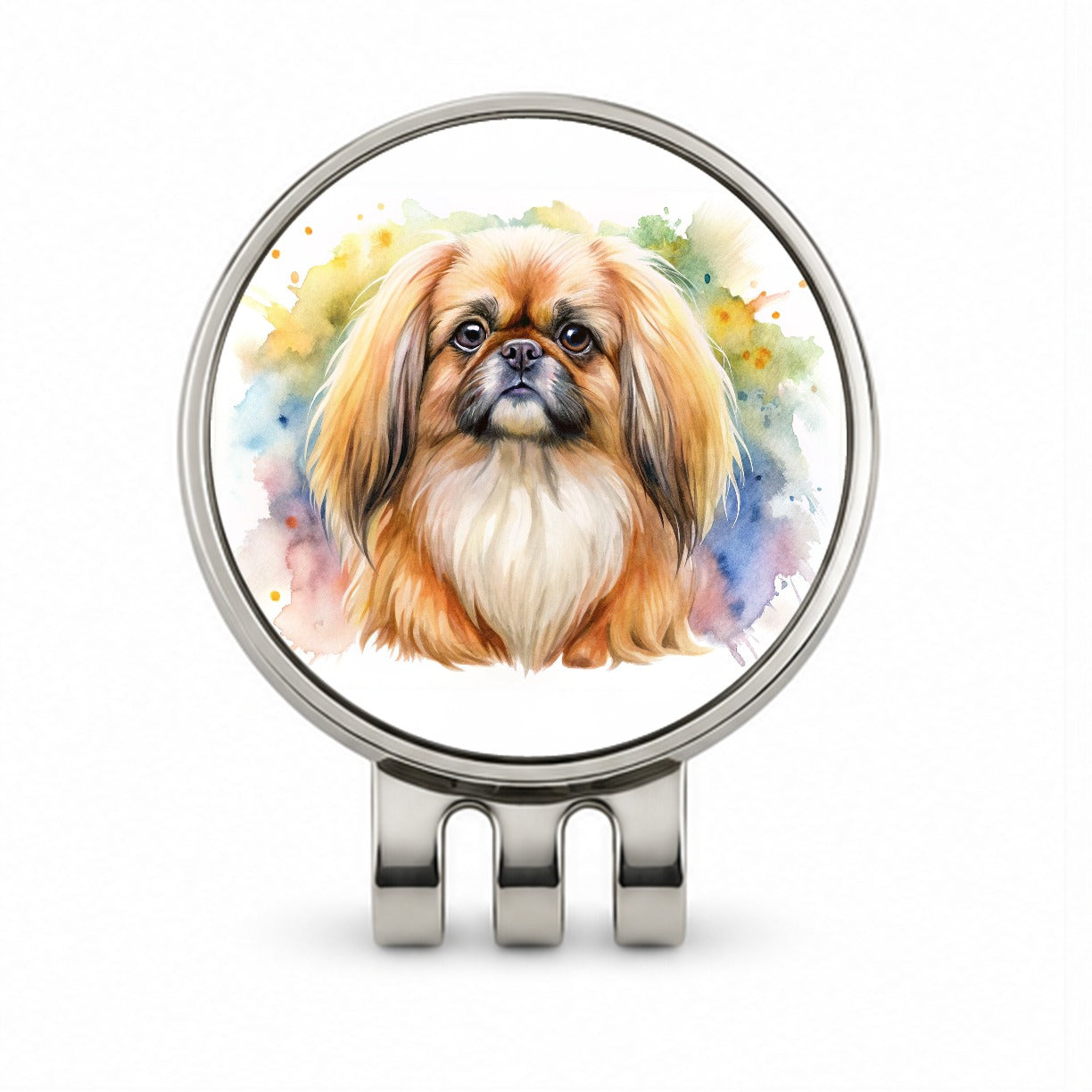 Pekingese Dog Watercolor Style Golf Hat Clip with Ball Marker