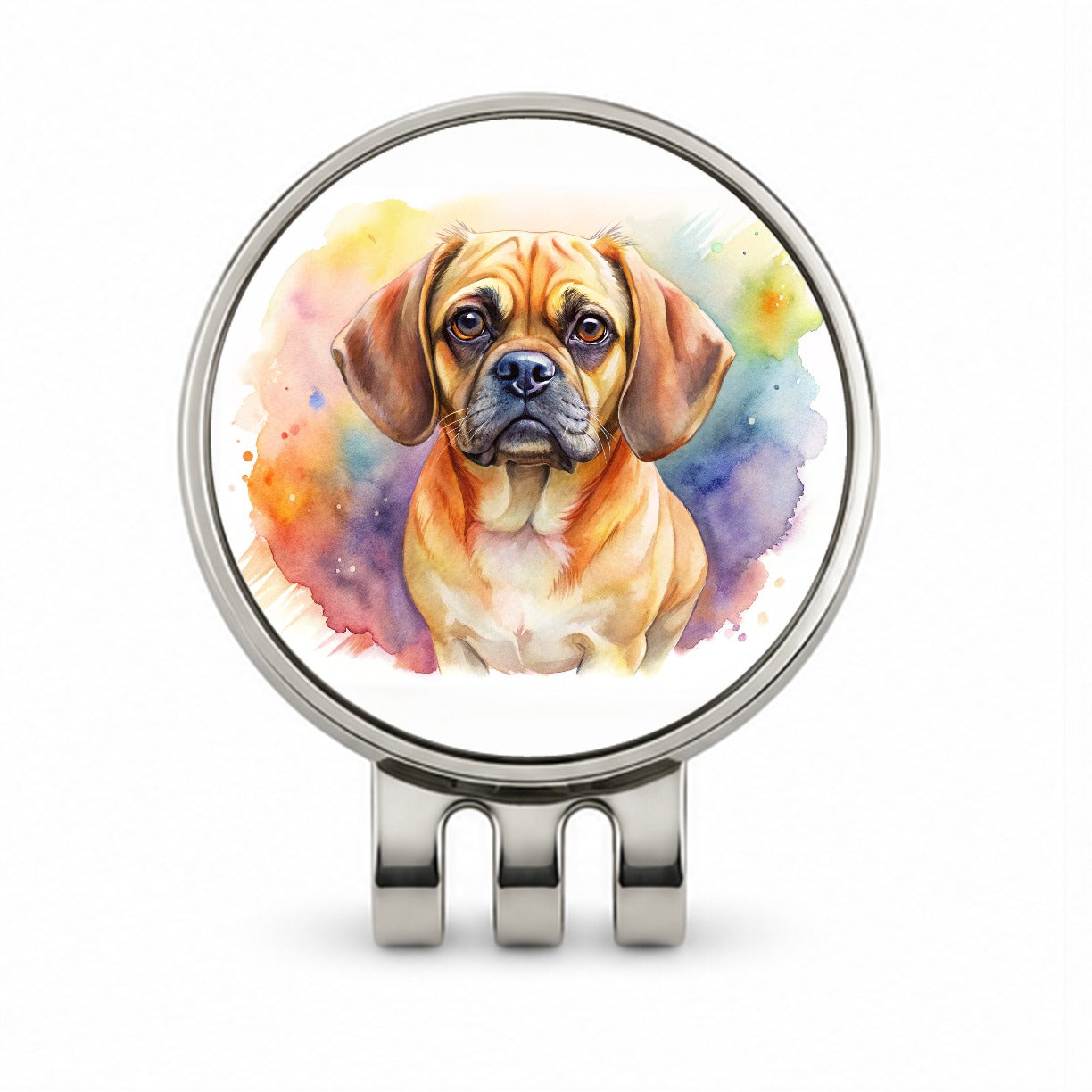 Puggle Dog Watercolor Style Golf Hat Clip with Ball Marker