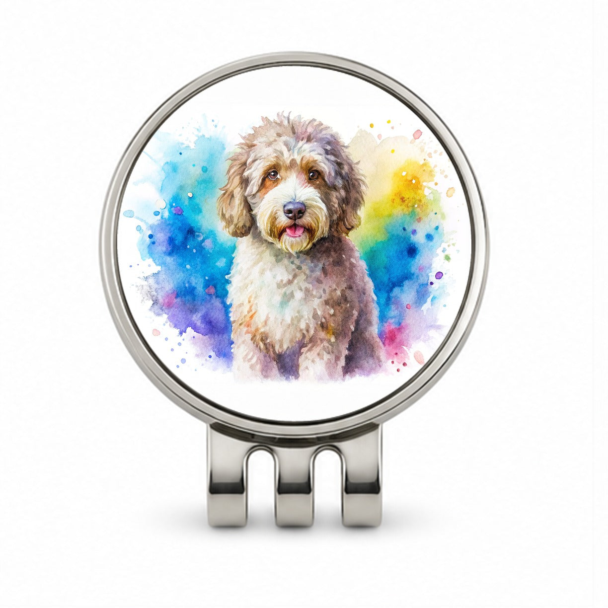 Spanish Water Dog Watercolor Style Golf Hat Clip with Ball Marker