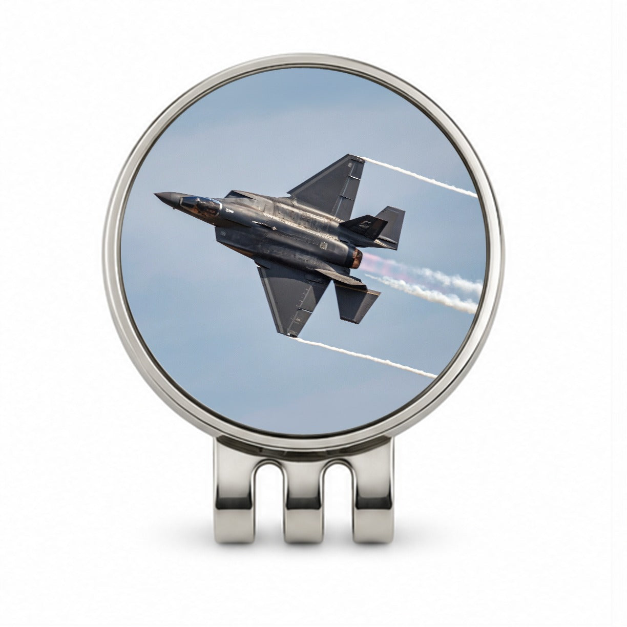 F-35 Plane Afterburners Streaking Through Sky Golf Hat Clip with Ball Marker