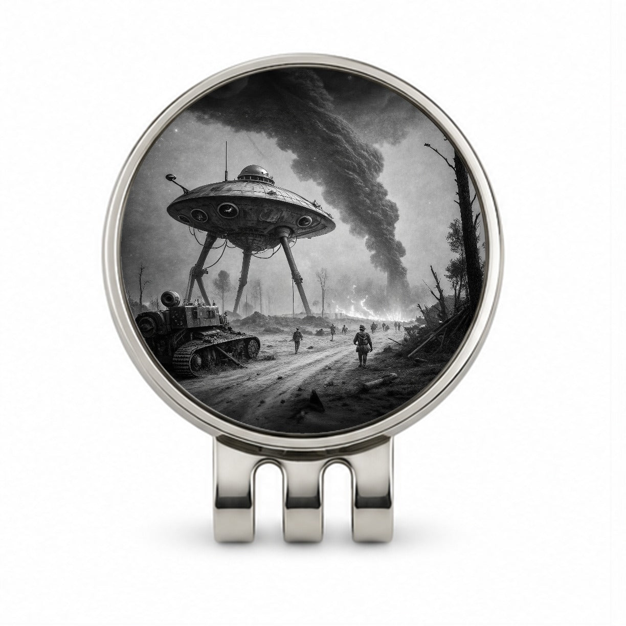 Martian Alien Invasion Tripod War Machine Retro Black and White Golf Hat Clip with Ball Marker