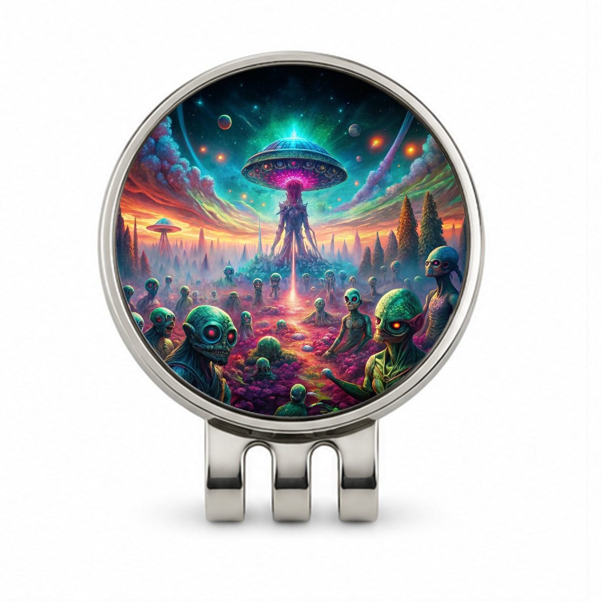 Psychedelic Alien Invasion Vibrant Colors Golf Hat Clip with Ball Marker