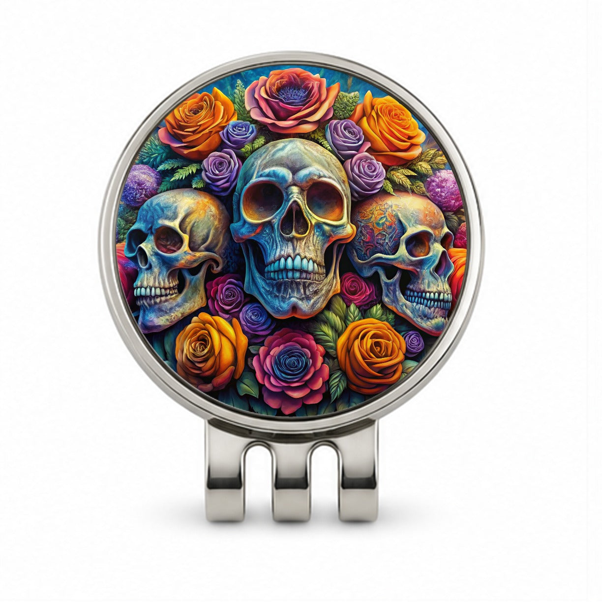 Psychedelic Colorful Skulls And Roses Golf Hat Clip with Ball Marker