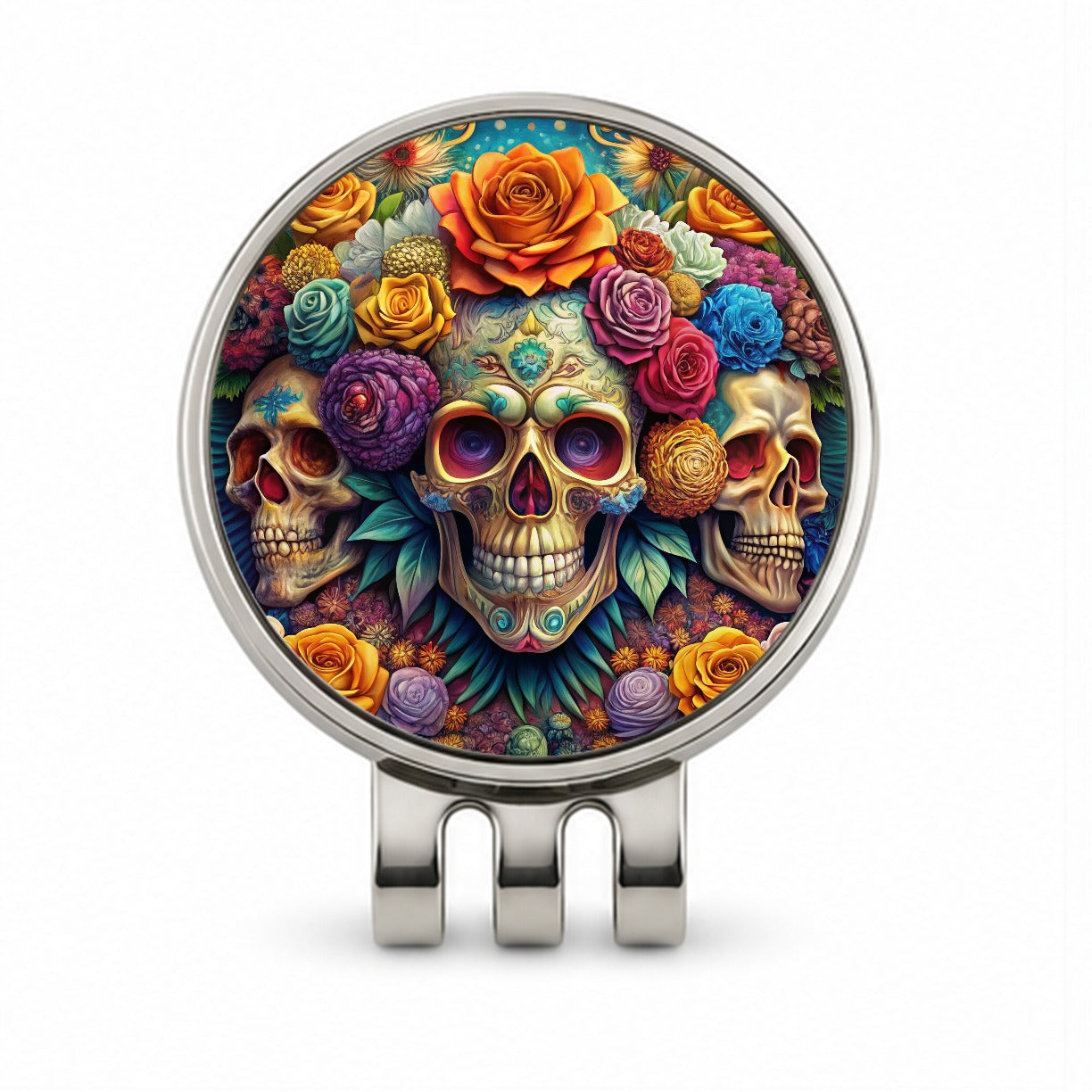 Psychedelic Colorful Skulls Flowers And Roses Golf Hat Clip with Ball Marker