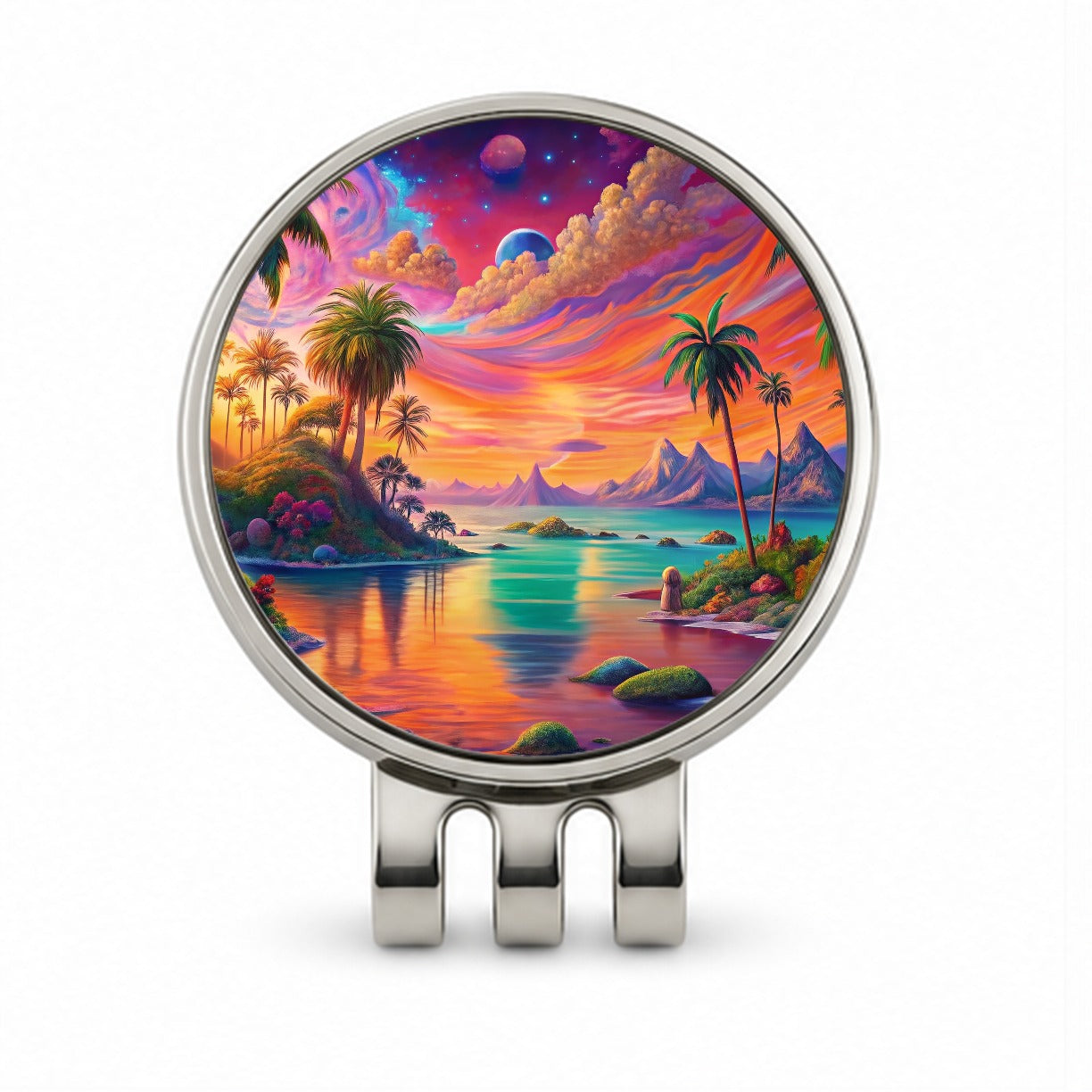 Psychedelic Colorful Tropical Beach Scene Golf Hat Clip with Ball Marker