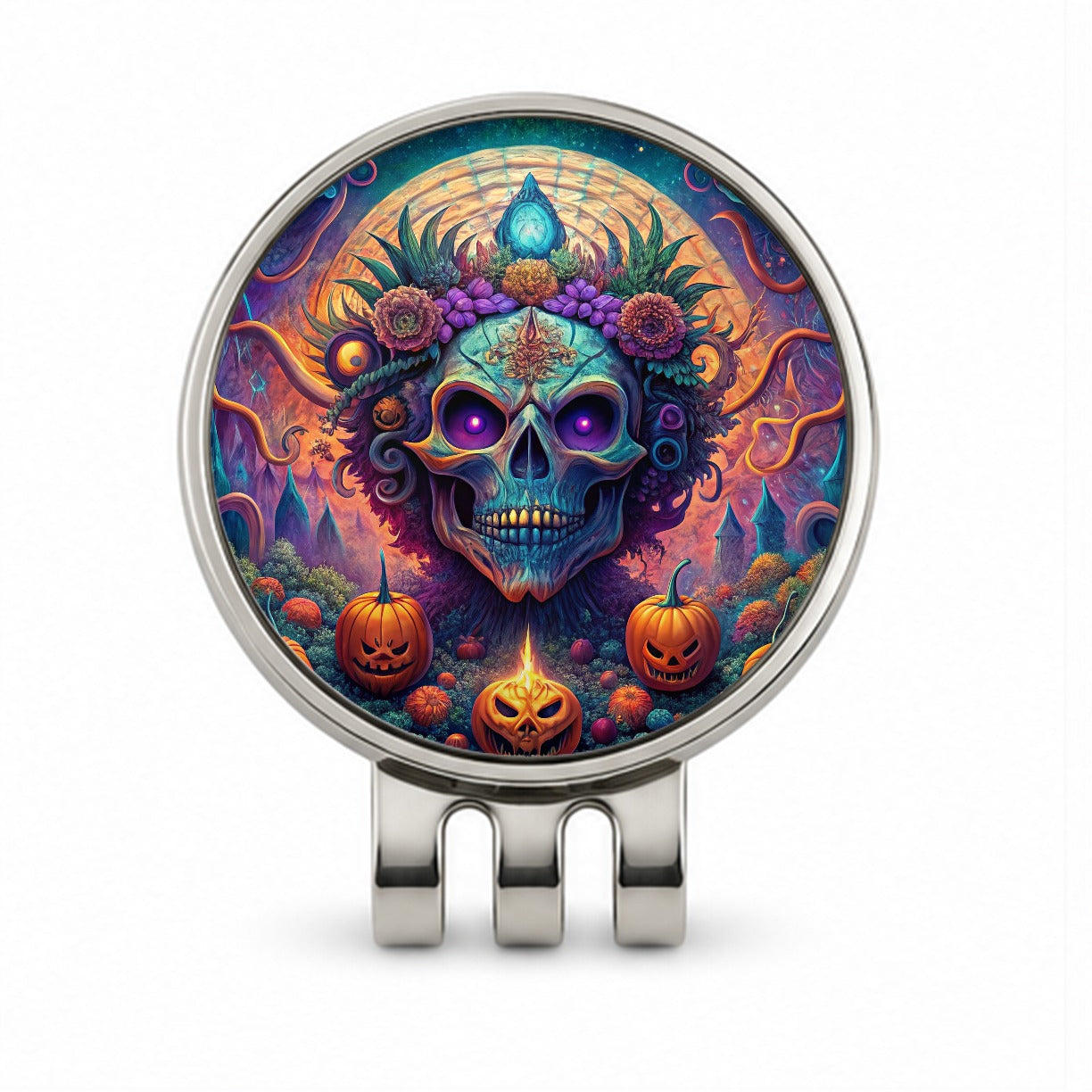 Psychedelic Halloween Skulls Pumpkins Vibrant Colors Golf Hat Clip with Ball Marker