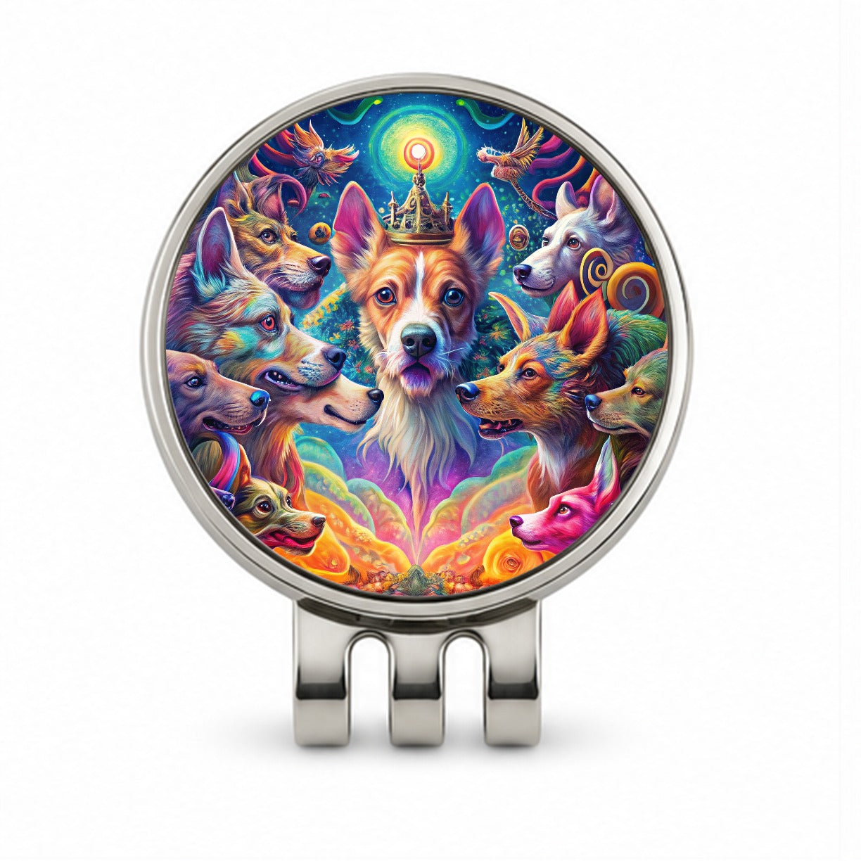 Psychedelic Lots of Dogs Vibrant Colors Golf Hat Clip with Ball Marker