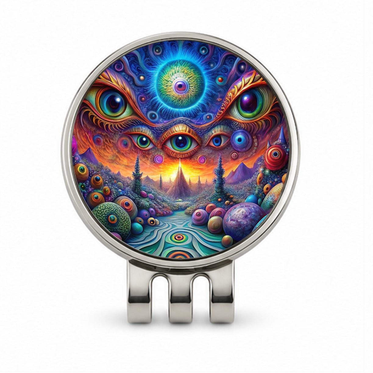 Psychedelic Lots of Eyes Vibrant Colors Golf Hat Clip with Ball Marker