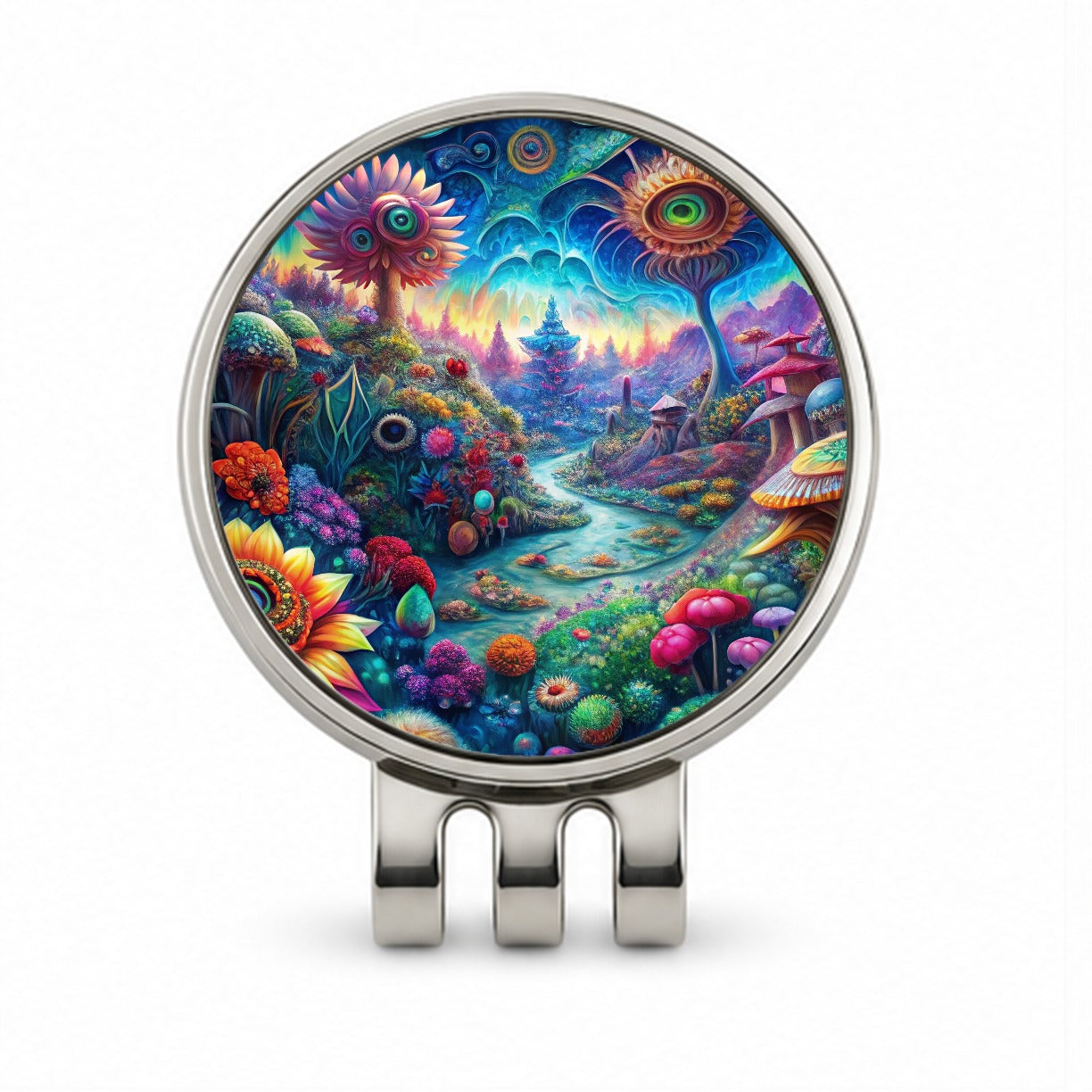 Psychedelic Lots of Flowers Vibrant Colors Golf Hat Clip with Ball Marker