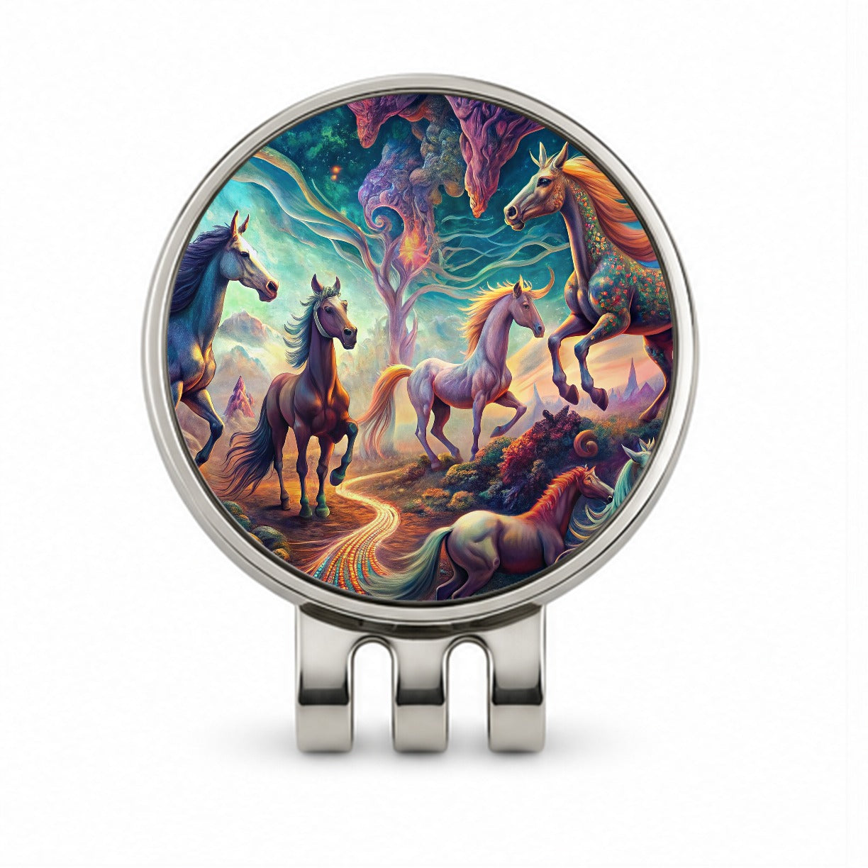 Psychedelic Lots of Horses Vibrant Colors Golf Hat Clip with Ball Marker
