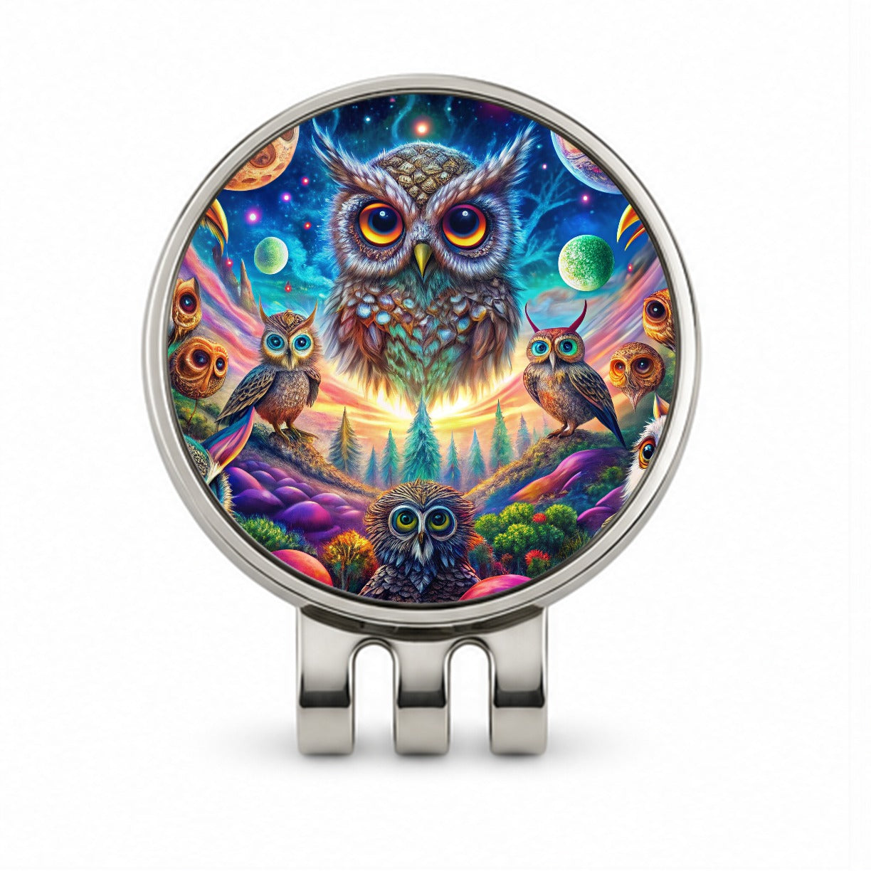 Psychedelic Lots of Owls Vibrant Colors Golf Hat Clip with Ball Marker