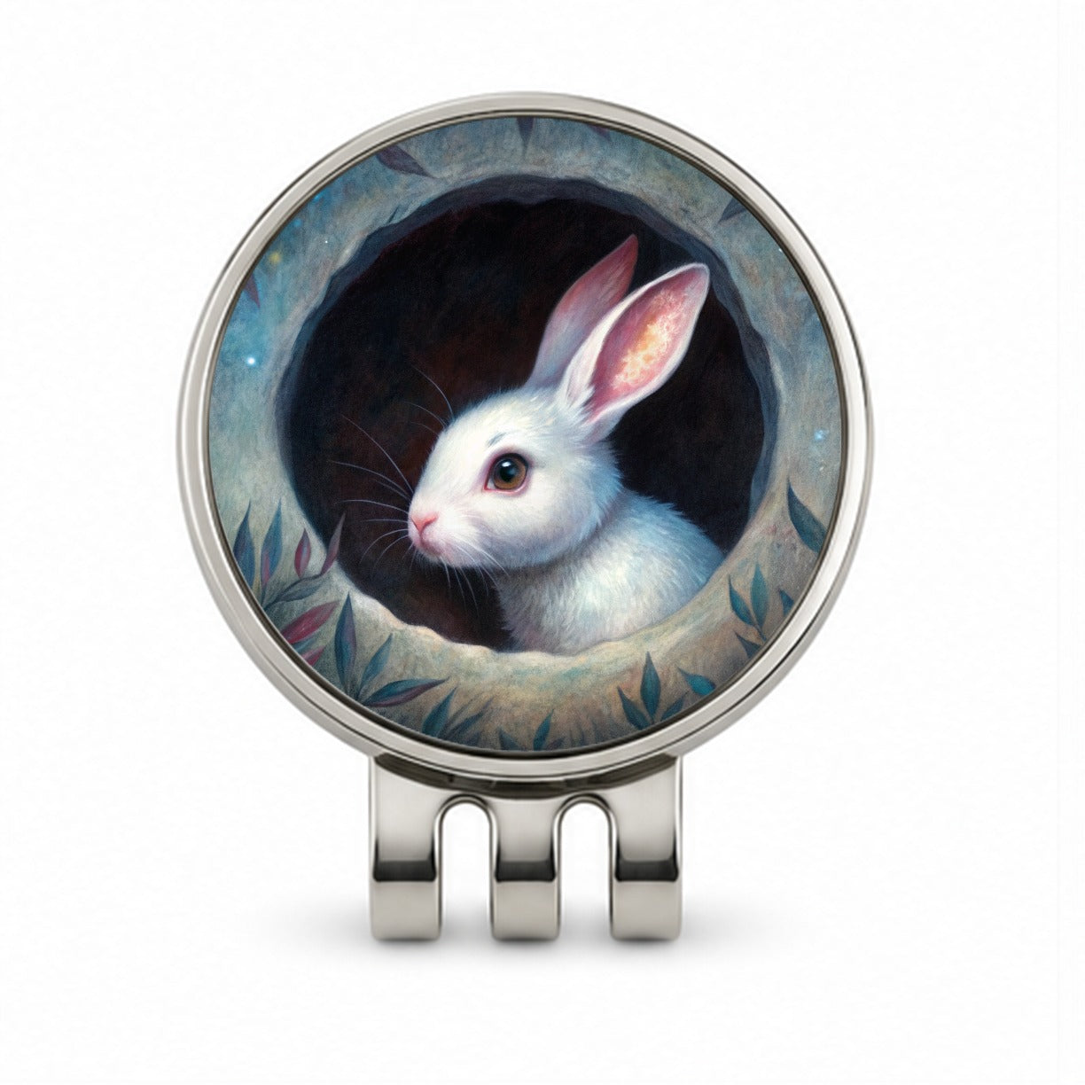 White Rabbit Bunny In A Dark Hole Golf Hat Clip with Ball Marker