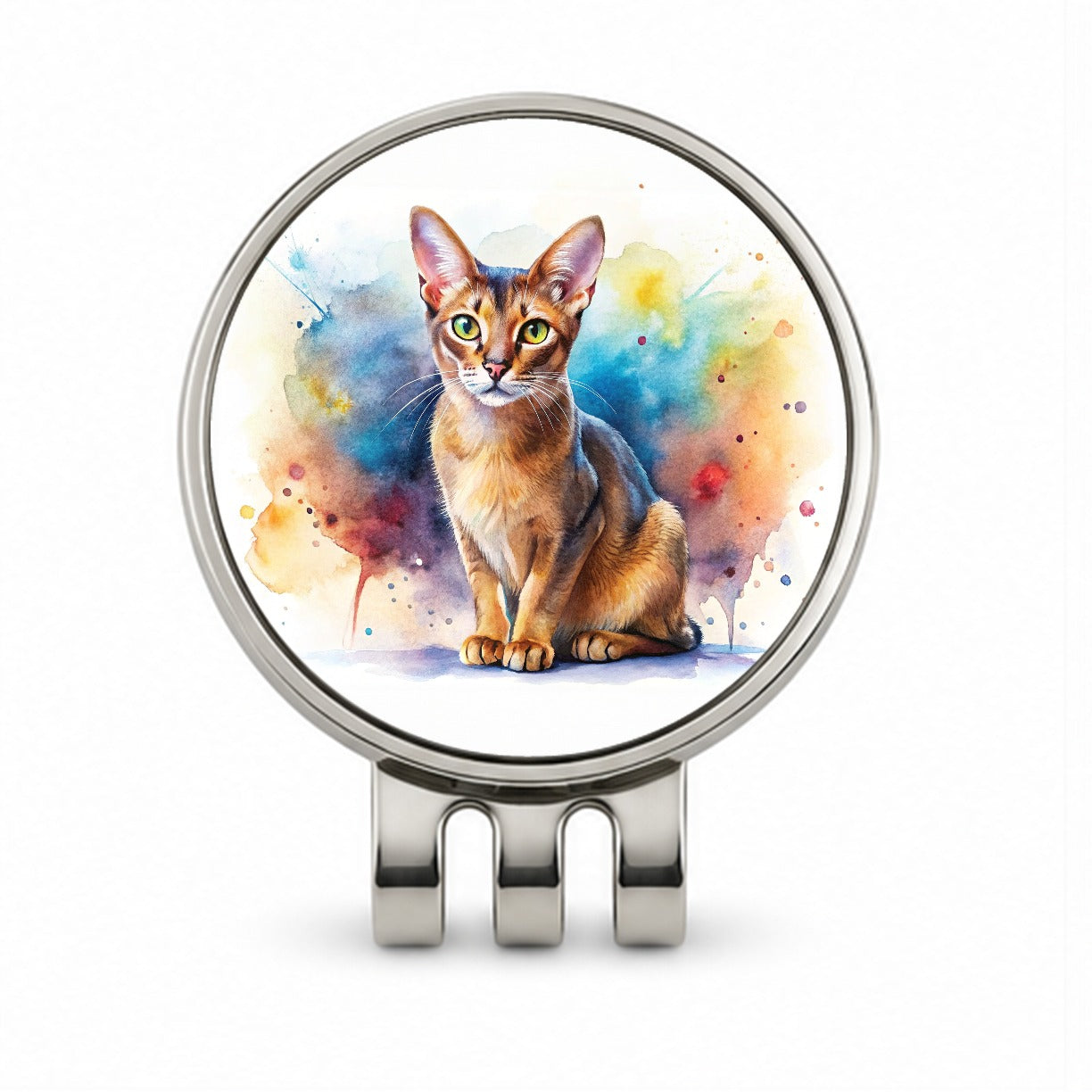 Abyssinian Cat Watercolor Style Golf Hat Clip with Ball Marker