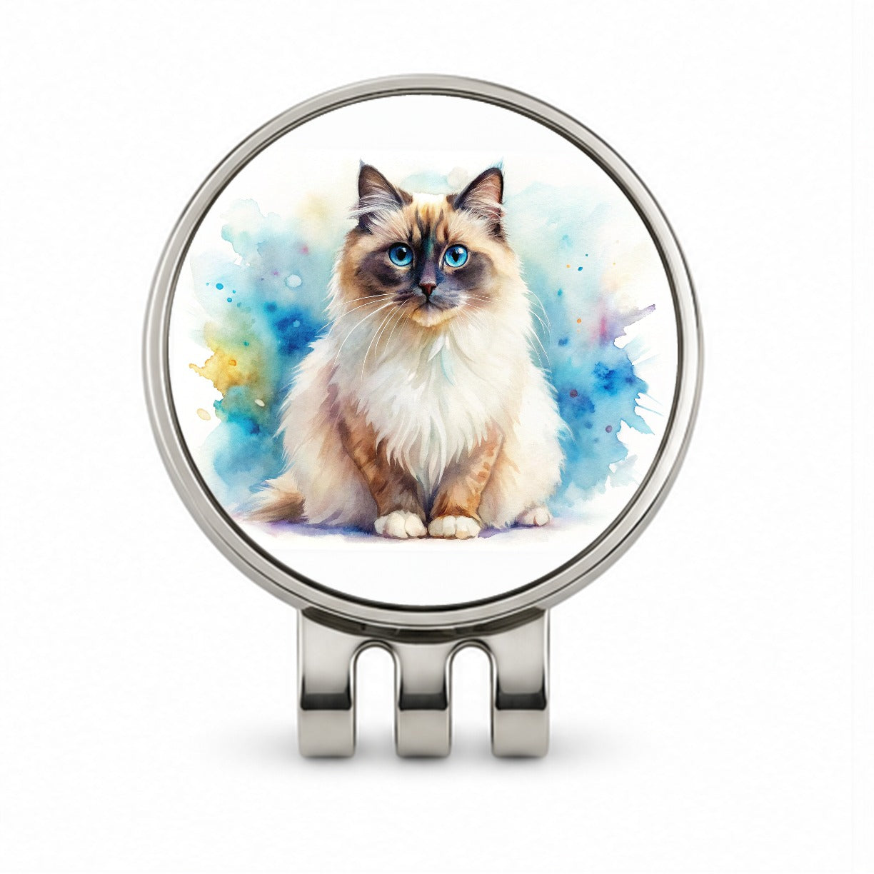 Birman Cat Watercolor Style Golf Hat Clip with Ball Marker