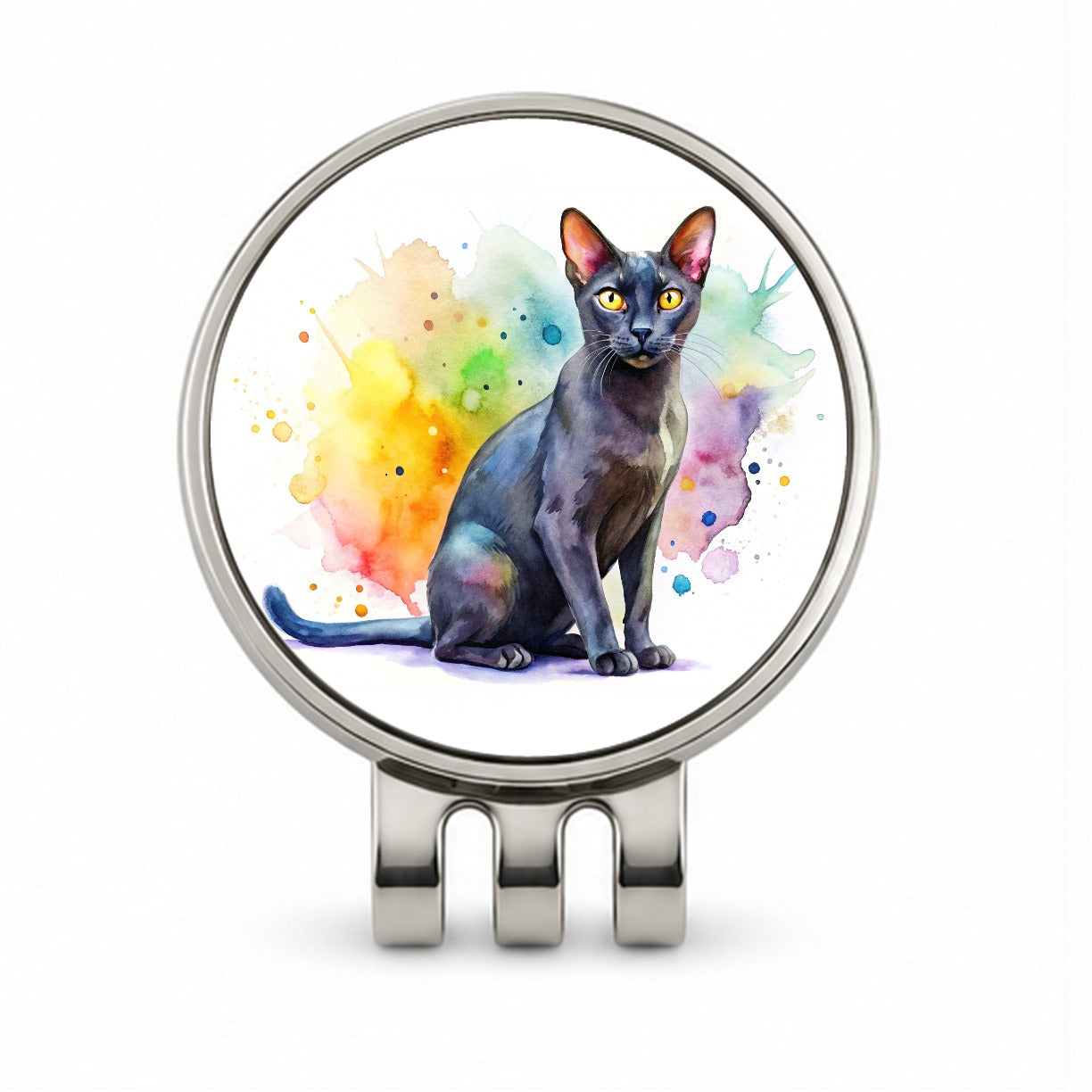 Bombay Black Cat Watercolor Style Golf Hat Clip with Ball Marker
