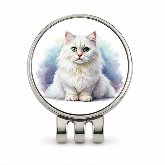 British Longhair White Cat Watercolor Style Golf Hat Clip with Ball Marker