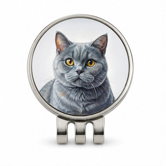 British Shorthair Gray Cat Illustration Golf Hat Clip with Ball Marker