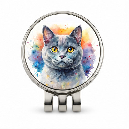 British Shorthair Gray Cat Watercolor Style Golf Hat Clip with Ball Marker