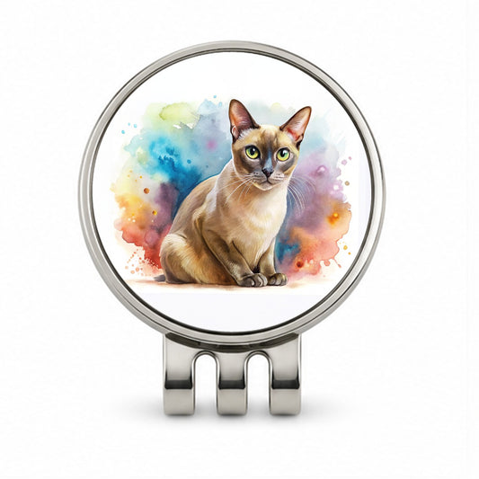 Burmese Cat Watercolor Style Golf Hat Clip with Ball Marker