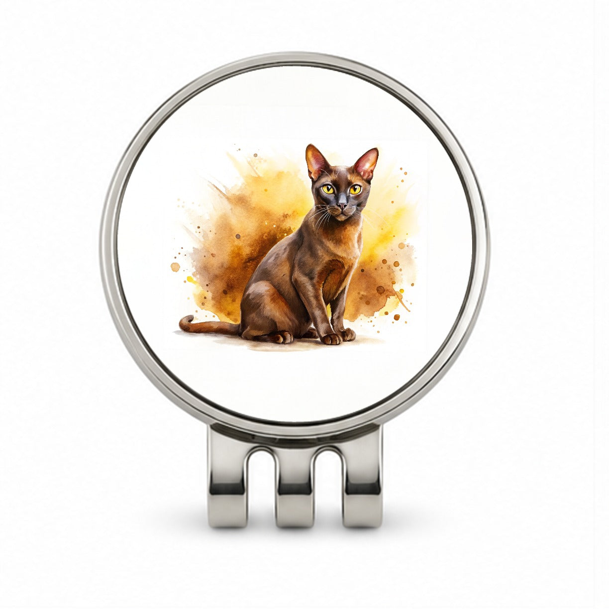 Havana Brown Cat Watercolor Style Golf Hat Clip with Ball Marker