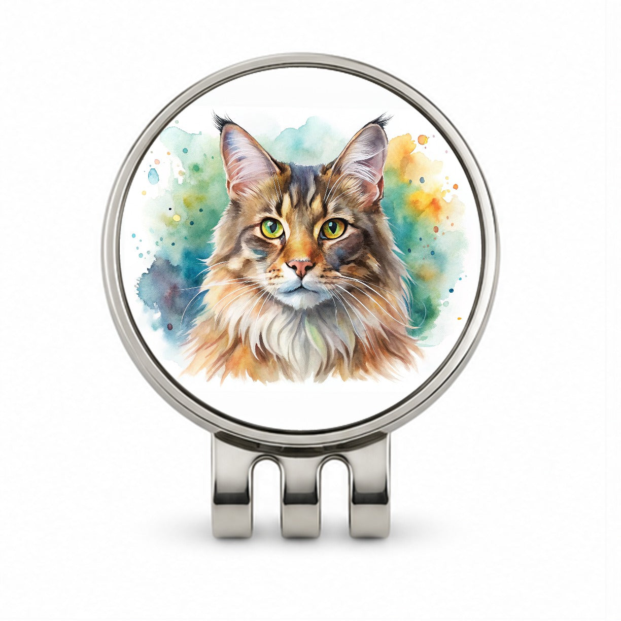 Maine Coon Cat Watercolor Style Golf Hat Clip with Ball Marker