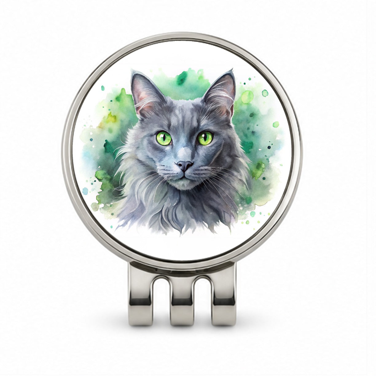 Nebelung Cat With Green Eyes Watercolor Style Golf Hat Clip with Ball Marker
