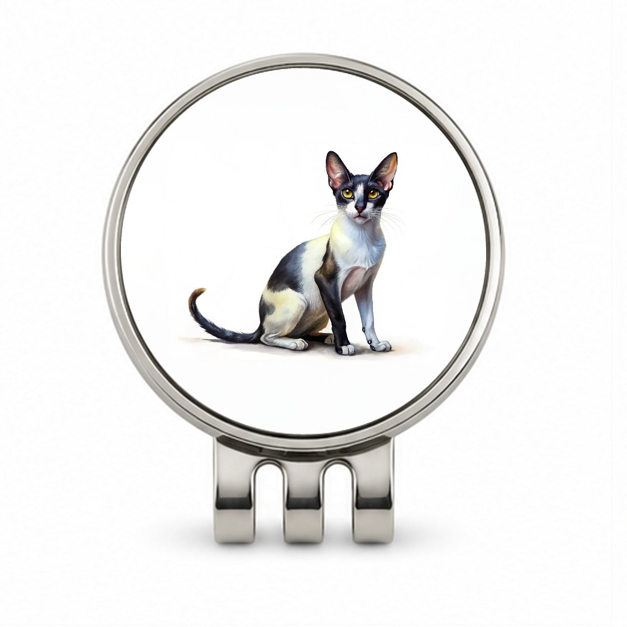 Oriental Shorthair Black White Cat Illustration Golf Hat Clip with Ball Marker