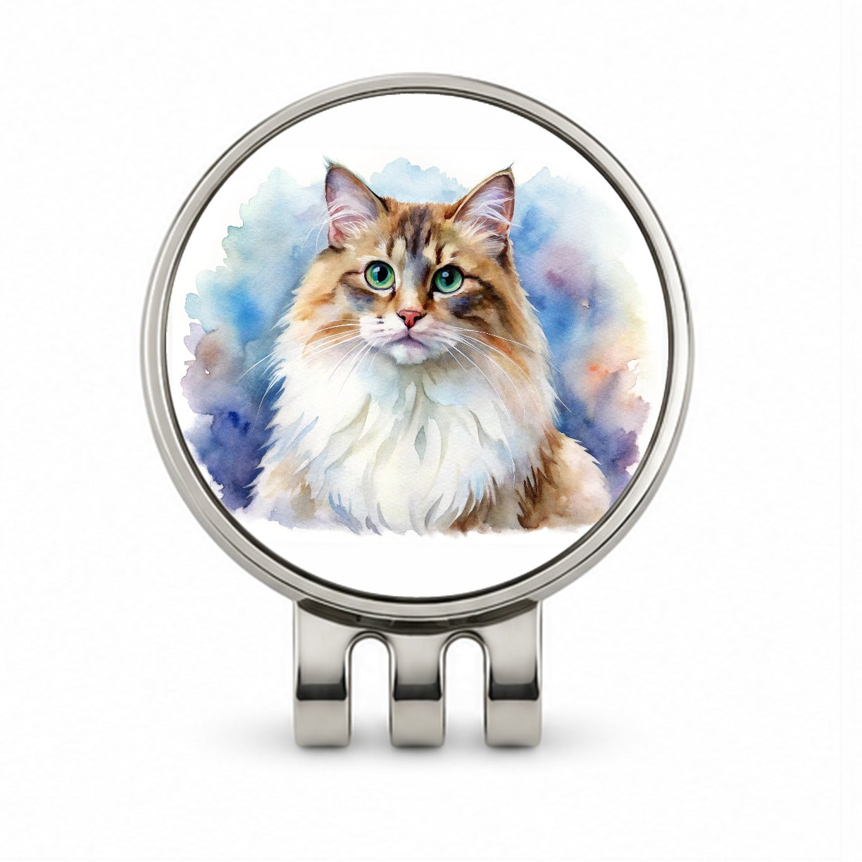 Ragamuffin Cat Watercolor Style Golf Hat Clip with Ball Marker