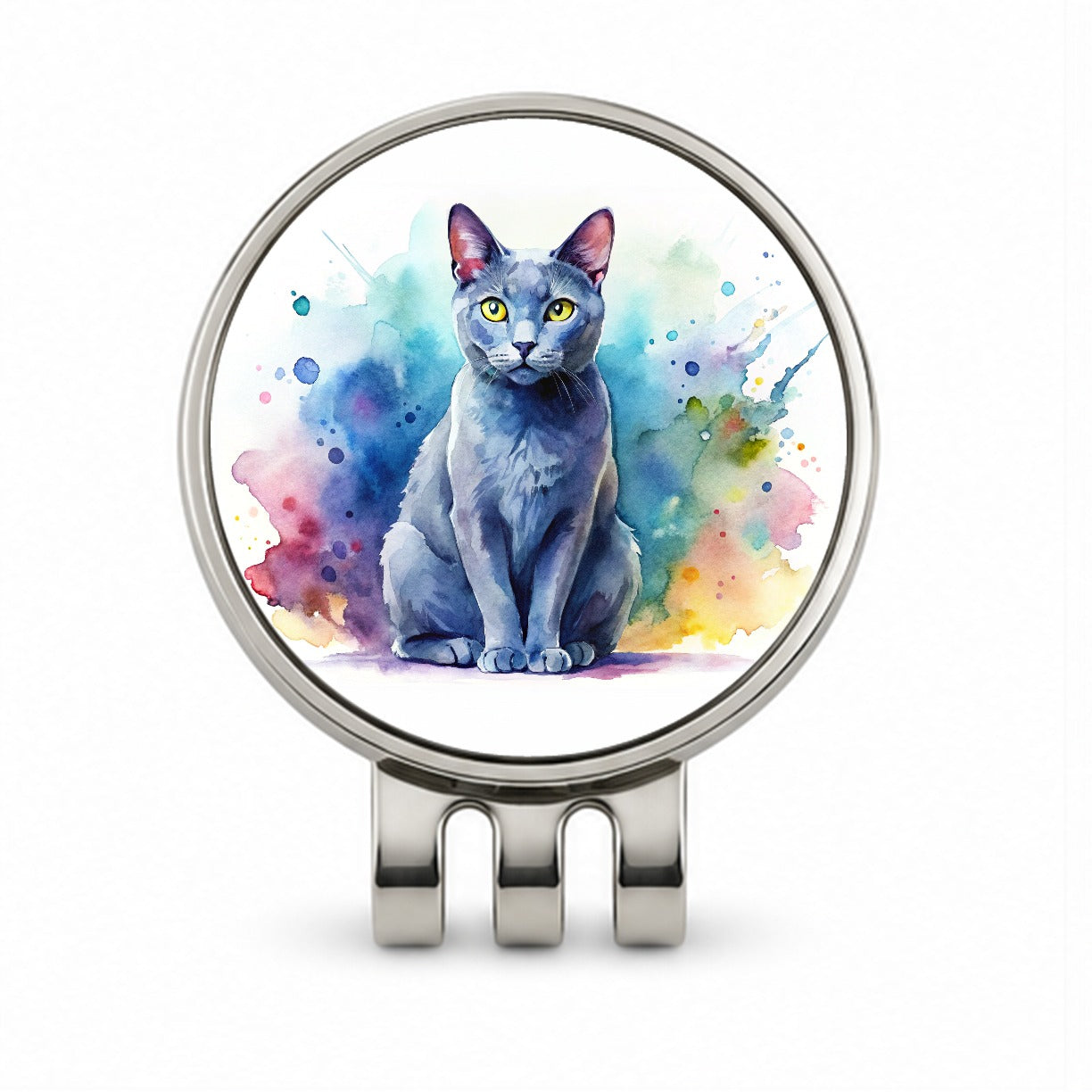 Russian Blue Cat Watercolor Style Golf Hat Clip with Ball Marker