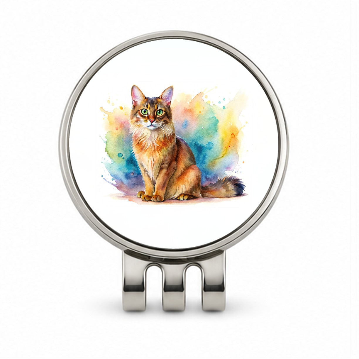 Somali Cat Watercolor Style Golf Hat Clip with Ball Marker