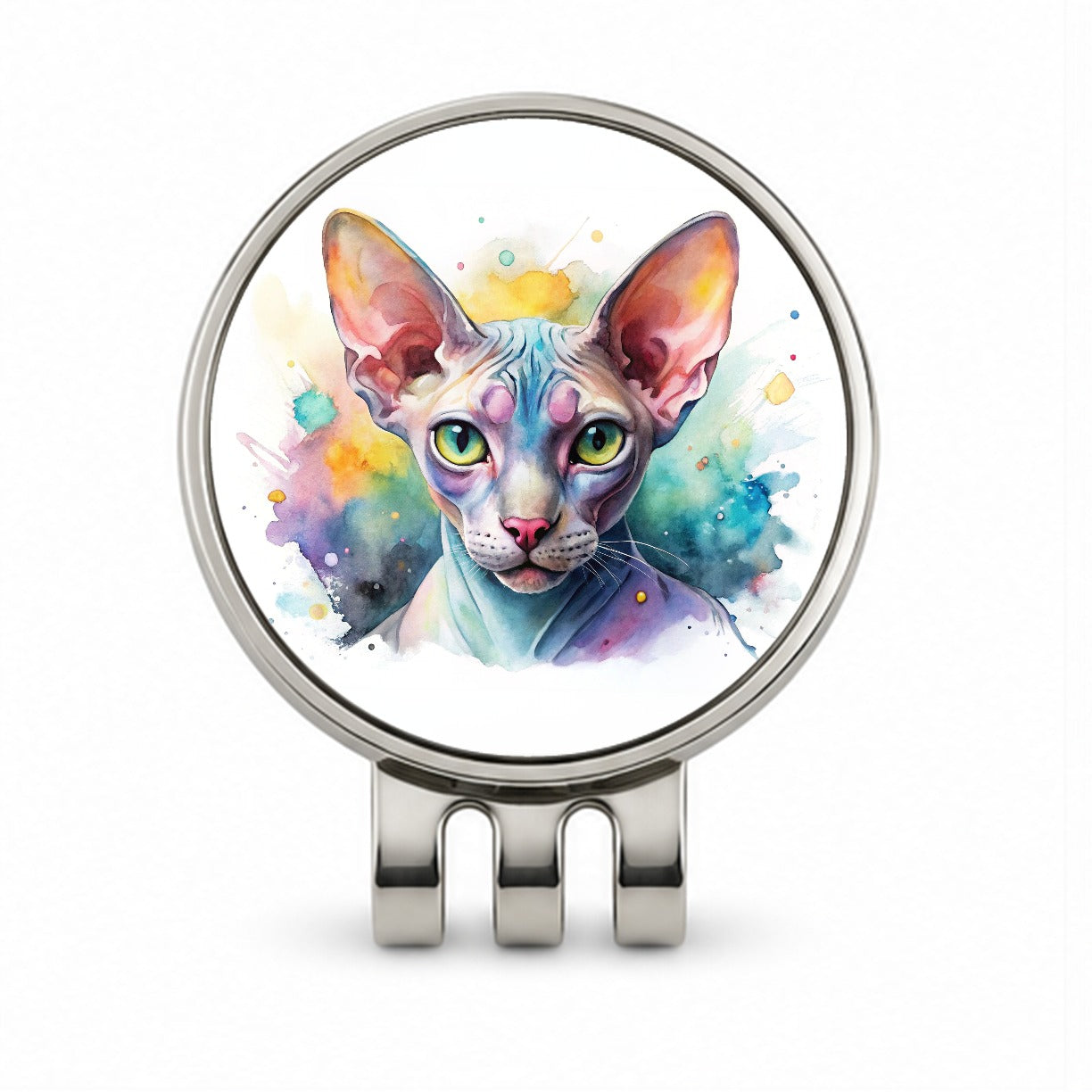 Sphynx Cat Watercolor Style Golf Hat Clip with Ball Marker