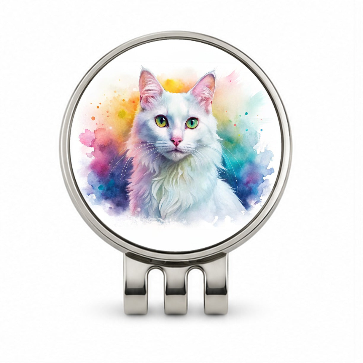 Turkish Angora Cat Watercolor Style Golf Hat Clip with Ball Marker