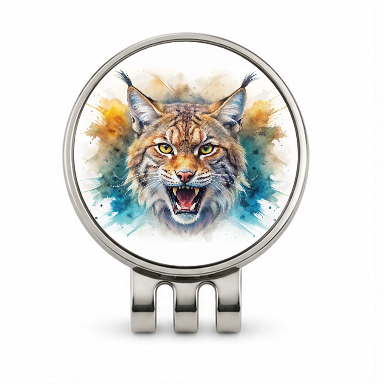 Angry Bobcat Watercolor Design Golf Hat Clip with Ball Marker