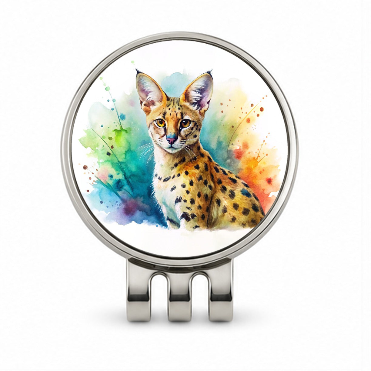 Serval Wild Cat Watercolor Design Golf Hat Clip with Ball Marker