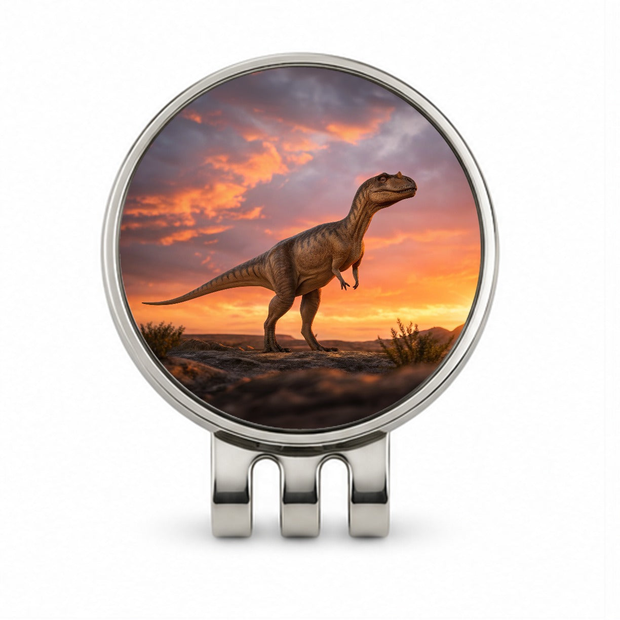 Allosaurus Standing Sunset Dinosaur Golf Hat Clip with Ball Marker