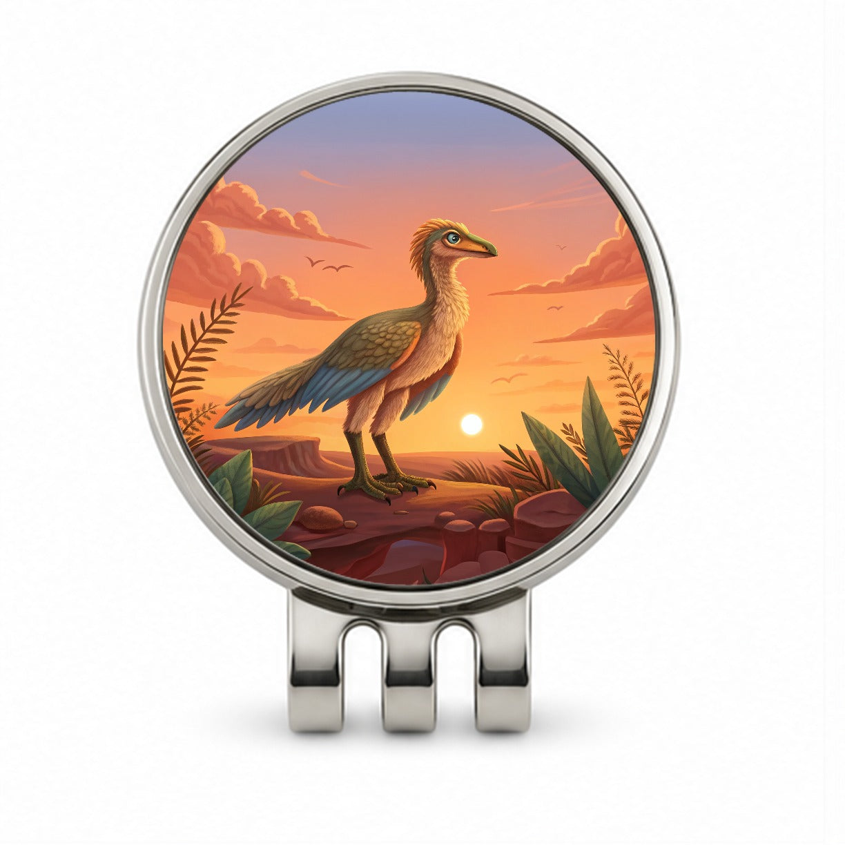 Archaeopteryx Standing Sunset Dinosaur Golf Hat Clip with Ball Marker
