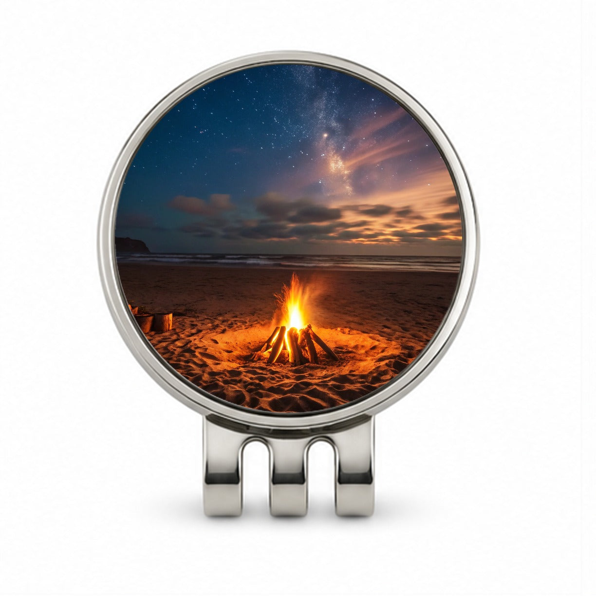 Beach Bonfire Scene Night Golf Hat Clip with Ball Marker