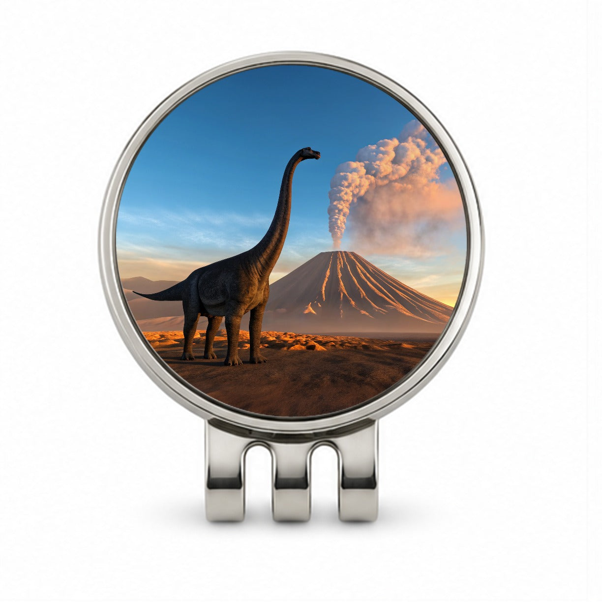 Brachiosaurus Volcano Sunset Dinosaur Golf Hat Clip with Ball Marker