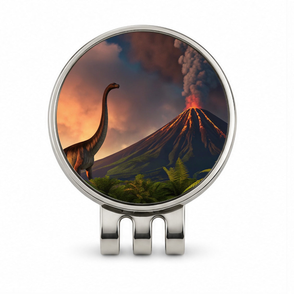 Brontosaurus Volcano Erupting Dinosaur Golf Hat Clip with Ball Marker