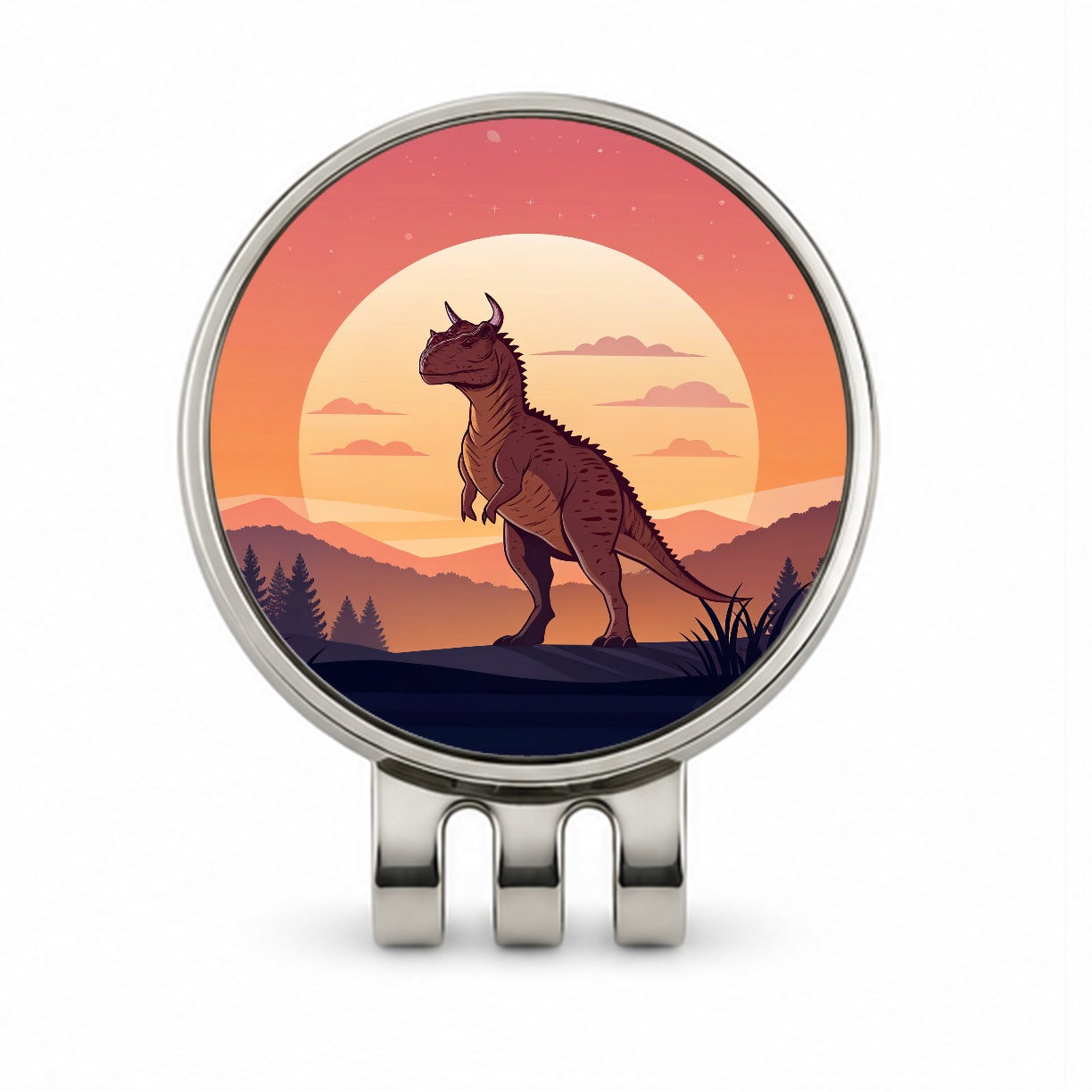 Carnotaurus Sunset Dinosaur Golf Hat Clip with Ball Marker