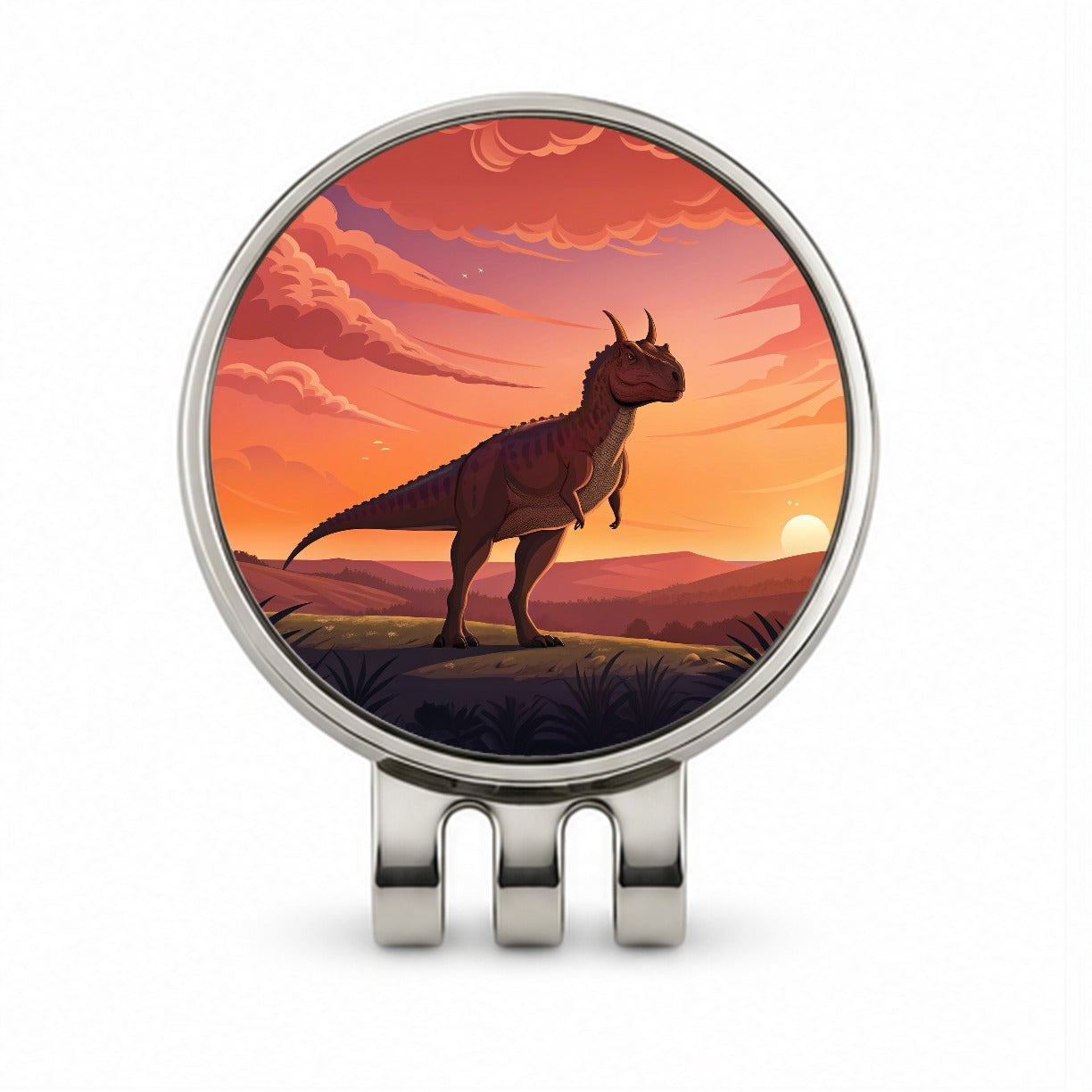 Carnotaurus Sunset Standing Dinosaur Golf Hat Clip with Ball Marker