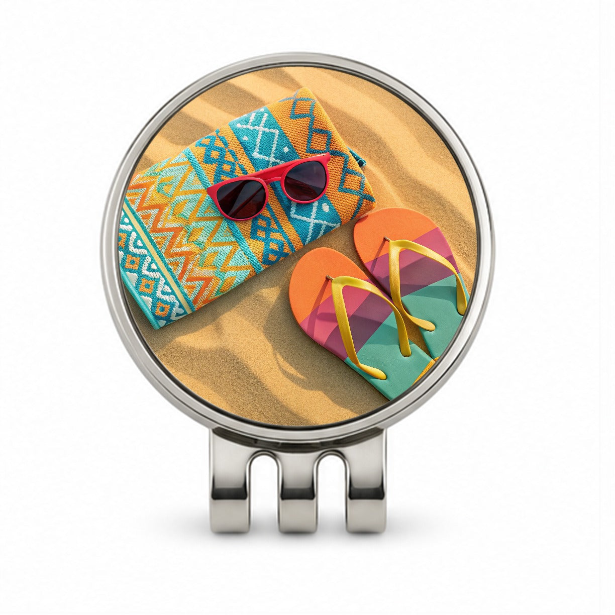 Colorful Sunglasses Flip Flops Towel On Sandy Beach Golf Hat Clip with Ball Marker
