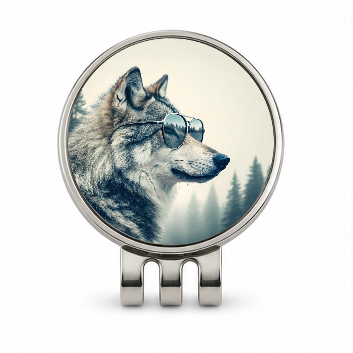 Cool Wolf Wearing Misty Woods Golf Hat Clip with Ball Marker