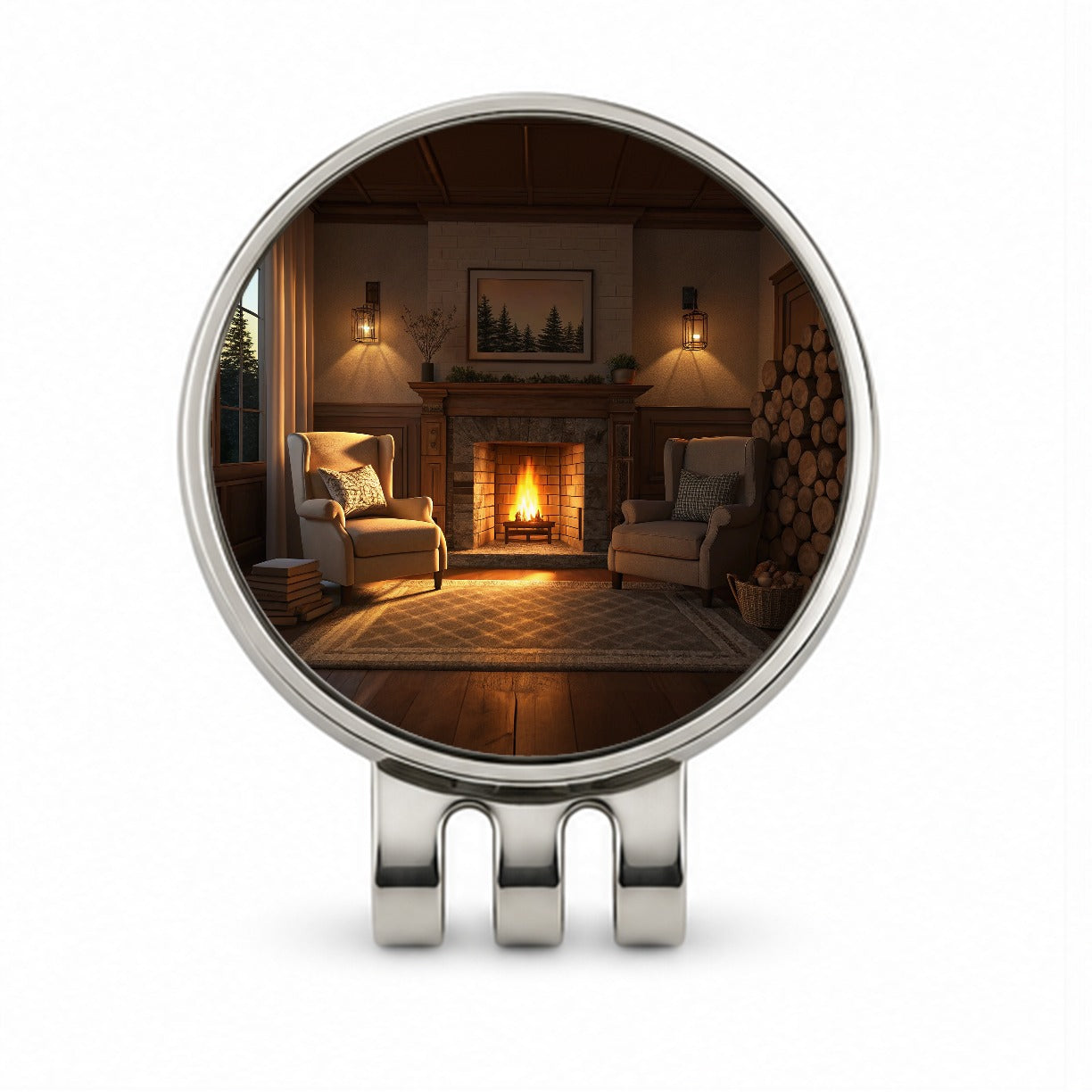 Cozy Fireplace Scene Golf Hat Clip with Ball Marker