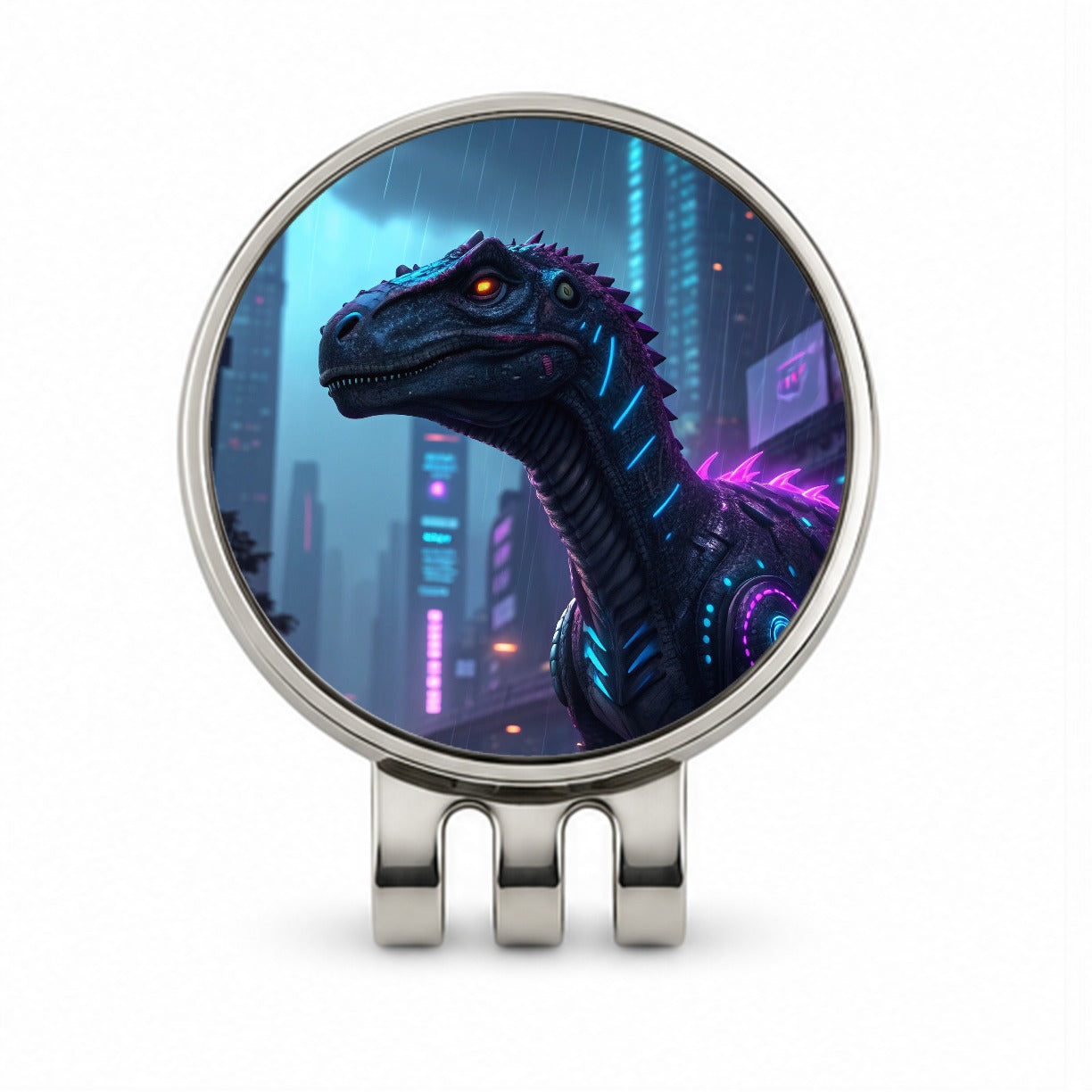 Cyberpunk Dinosaur In City Golf Hat Clip with Ball Marker