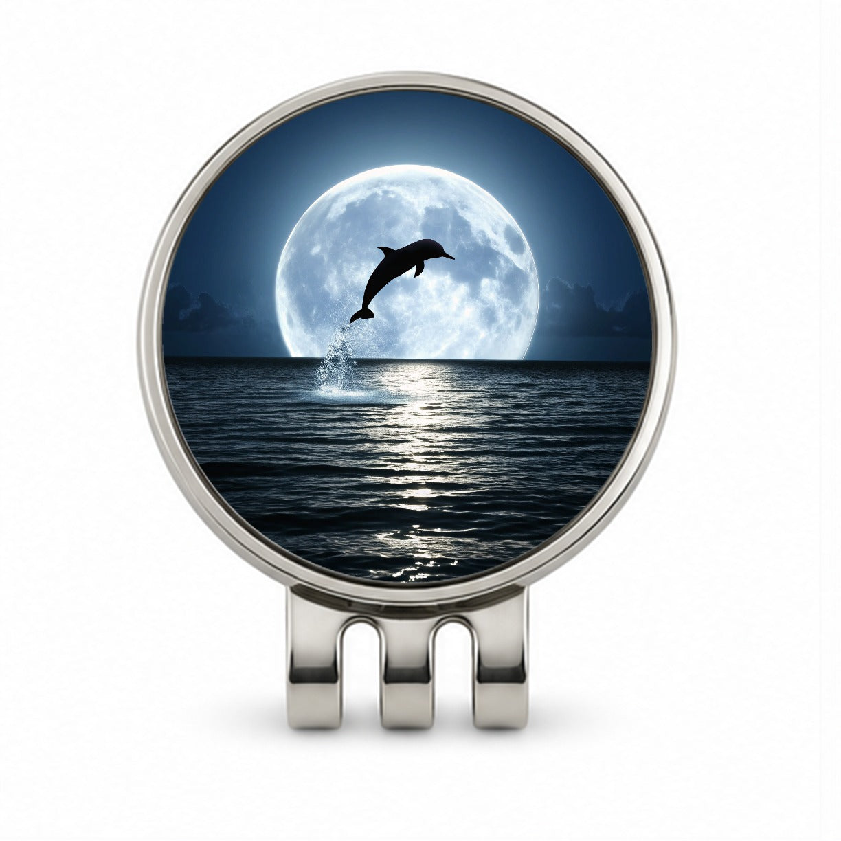 Dolphin Leaping Over Ocean Glowing Moon Golf Hat Clip with Ball Marker